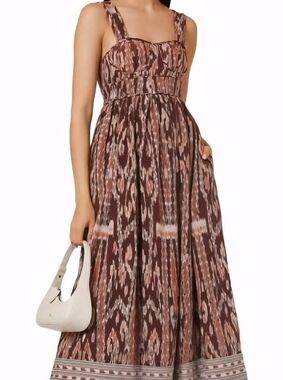 Ulla Johnson Cotton Ikat Brown Printed Maxi Dress with Straps 4